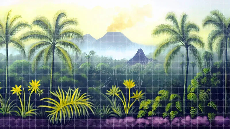 Palm Jungle Flower Landscape digital stage backdrop for theatre projection, dance recital, school musical, community theatre, LED screen background, and printable stage scenery. Suitable for The Jungle Book, Jungle Book, Tarzan inspired productions,