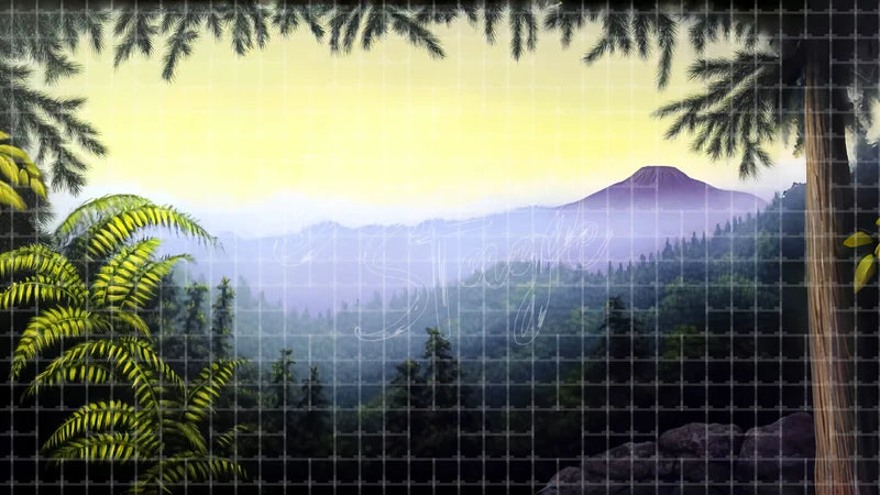 Jungle Mountain Sunrise digital stage backdrop for theatre projection, dance recital, school musical, community theatre, LED screen background, and printable stage scenery. Suitable for The Jungle Book, Jungle Book, Tarzan inspired productions,