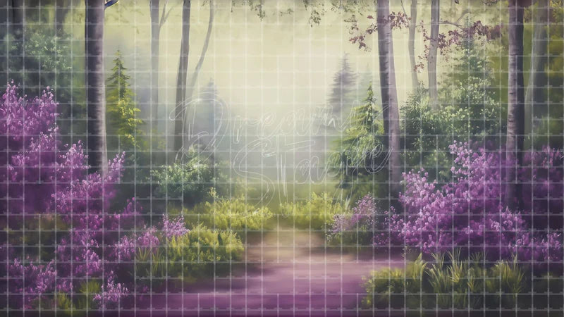 Purple Flower Woodland digital stage backdrop for theatre projection, dance recital, school musical, community theatre, LED screen background, and printable stage scenery. Suitable for The Jungle Book, Jungle Book, Tarzan inspired productions,