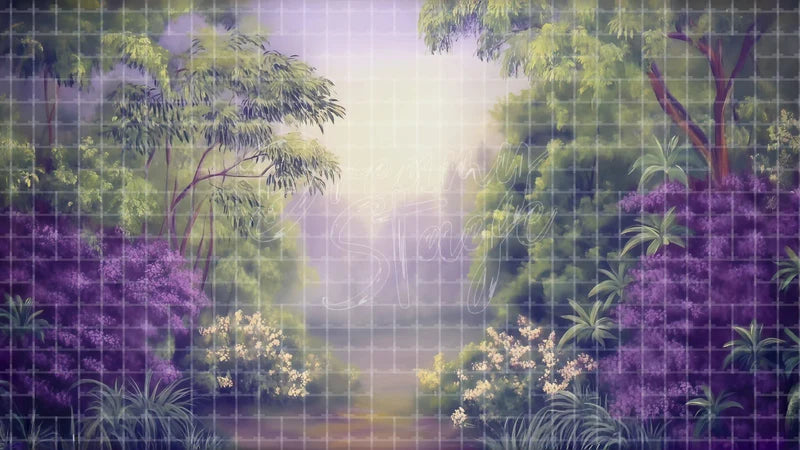 Enchanted Purple Forest digital stage backdrop for theatre projection, dance recital, school musical, community theatre, LED screen background, and printable stage scenery. Suitable for The Jungle Book, Jungle Book, Tarzan inspired productions,