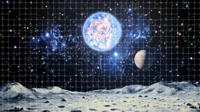 Starry Moon Surface Planet digital stage backdrop for theatre projection, dance recital, school musical, community theatre, LED screen background, and printable stage scenery. Suitable for The Little Prince, Little Prince, Peter and the Starcatcher inspired productions,