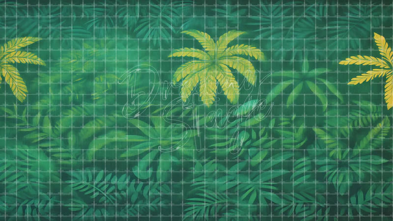 Green Tropical Leaves Pattern digital stage backdrop for theatre projection, dance recital, school musical, community theatre, LED screen background, and printable stage scenery. Suitable for The Jungle Book, Jungle Book, Tarzan inspired productions,