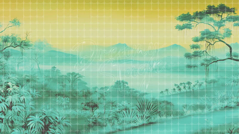 Blue Green Mountain Landscape digital stage backdrop for theatre projection, dance recital, school musical, community theatre, LED screen background, and printable stage scenery. Suitable for The Jungle Book, Jungle Book, Tarzan inspired productions,