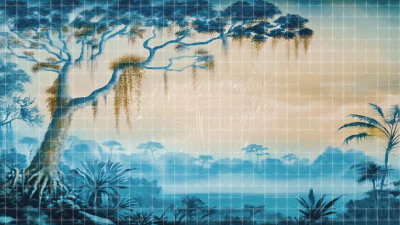 Misty Tropical Coast digital stage backdrop for theatre projection, dance recital, school musical, community theatre, LED screen background, and printable stage scenery. Suitable for The Jungle Book, Jungle Book, Tarzan inspired productions,
