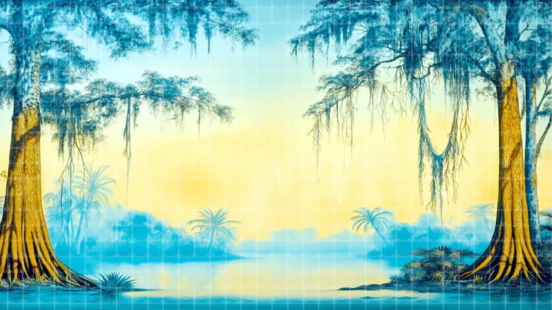 Swamp Bayou Trees digital stage backdrop for theatre projection, dance recital, school musical, community theatre, LED screen background, and printable stage scenery. Suitable for The Jungle Book, Jungle Book, Tarzan inspired productions,