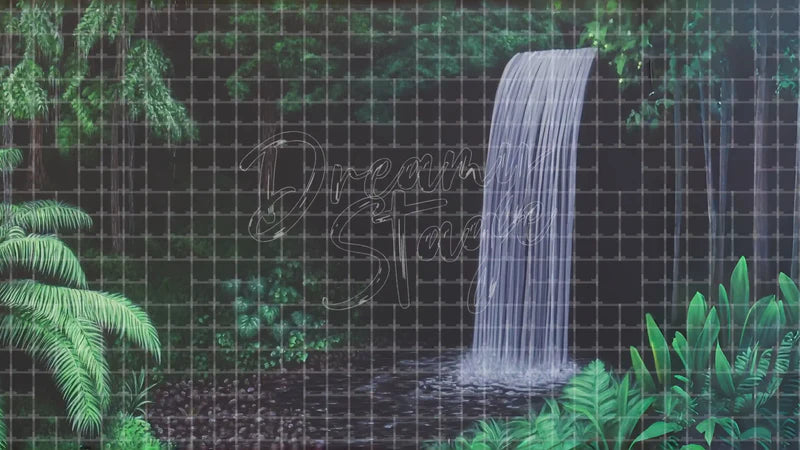 Dark Rainforest Waterfall digital stage backdrop for theatre projection, dance recital, school musical, community theatre, LED screen background, and printable stage scenery. Suitable for The Jungle Book, Jungle Book, Tarzan inspired productions,