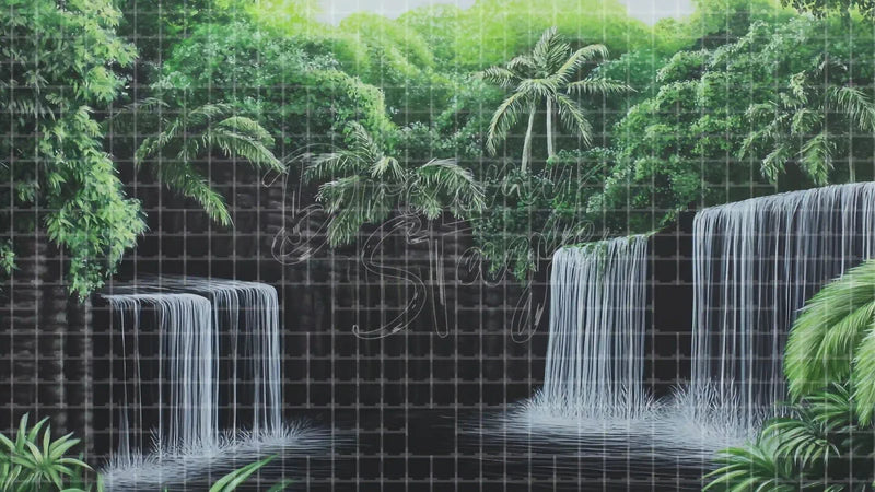 Double Waterfall Jungle digital stage backdrop for theatre projection, dance recital, school musical, community theatre, LED screen background, and printable stage scenery. Suitable for The Jungle Book, Jungle Book, Tarzan inspired productions,