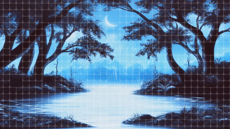 Moonlit Tropical Shore digital stage backdrop for theatre projection, dance recital, school musical, community theatre, LED screen background, and printable stage scenery. Suitable for The Jungle Book, Jungle Book, Tarzan inspired productions,