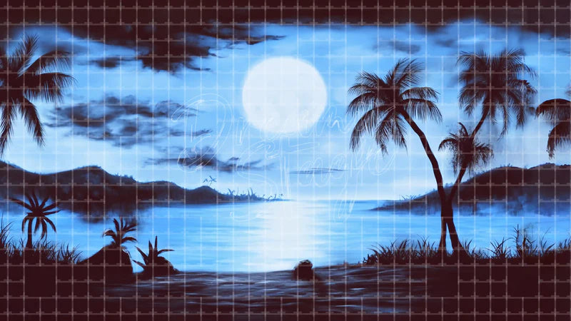 Blue Moon Beach Palm Tree digital stage backdrop for theatre projection, dance recital, school musical, community theatre, LED screen background, and printable stage scenery. Suitable for The Jungle Book, Jungle Book, Tarzan inspired productions,