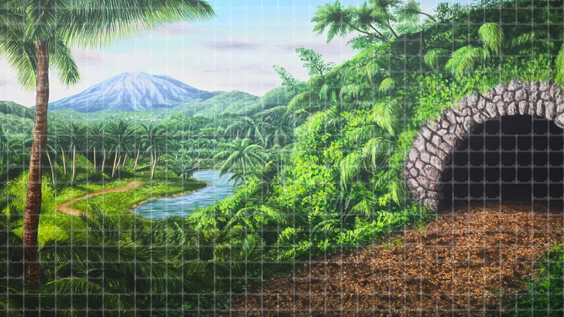 Tropical Mountain Tunnel Road digital stage backdrop for theatre projection, dance recital, school musical, community theatre, LED screen background, and printable stage scenery. Suitable for The Jungle Book, Jungle Book, Tarzan inspired productions,