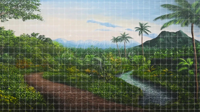 Jungle River Valley digital stage backdrop for theatre projection, dance recital, school musical, community theatre, LED screen background, and printable stage scenery. Suitable for The Jungle Book, Jungle Book, Tarzan inspired productions,