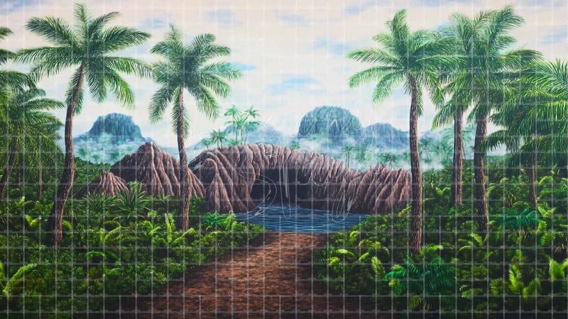 Tropical Bridge Jungle Landscape digital stage backdrop for theatre projection, dance recital, school musical, community theatre, LED screen background, and printable stage scenery. Suitable for The Jungle Book, Jungle Book, Tarzan inspired productions,