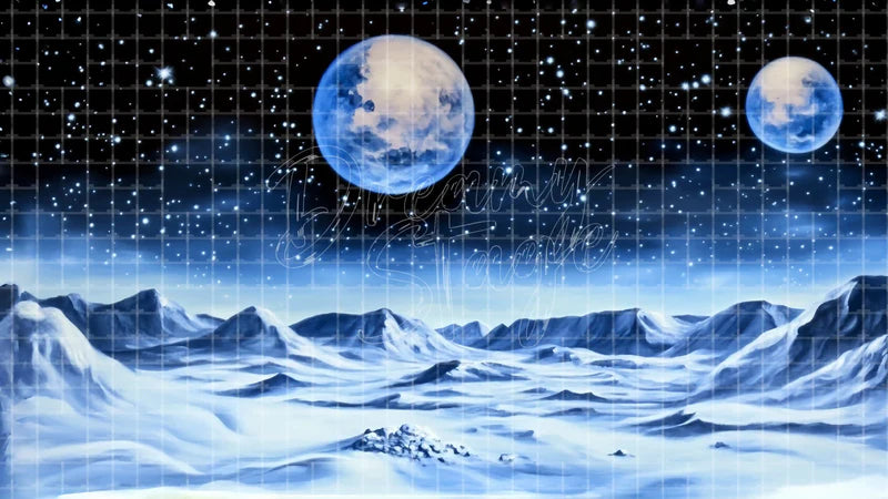 Icy Planet Mountain Space digital stage backdrop for theatre projection, dance recital, school musical, community theatre, LED screen background, and printable stage scenery. Suitable for The Little Prince, Little Prince, Peter and the Starcatcher inspired productions,