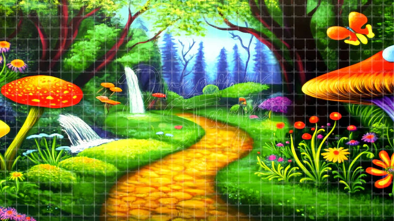 Whimsical Mushroom Forest digital stage backdrop for theatre projection, dance recital, school musical, community theatre, LED screen background, and printable stage scenery. Suitable for Alice in Wonderland, Alice in Wonderland Jr, A Midsummer Night's Dream inspired productions,