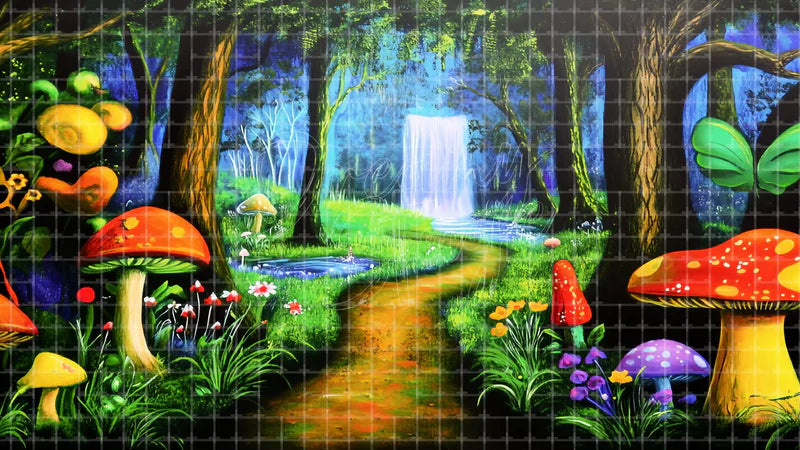 Magical Mushroom Path digital stage backdrop for theatre projection, dance recital, school musical, community theatre, LED screen background, and printable stage scenery. Suitable for Alice in Wonderland, Alice in Wonderland Jr, A Midsummer Night's Dream inspired productions,
