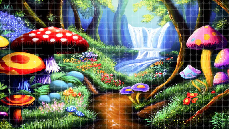 Colorful Mushroom Woodland digital stage backdrop for theatre projection, dance recital, school musical, community theatre, LED screen background, and printable stage scenery. Suitable for Alice in Wonderland, Alice in Wonderland Jr, A Midsummer Night's Dream inspired productions,