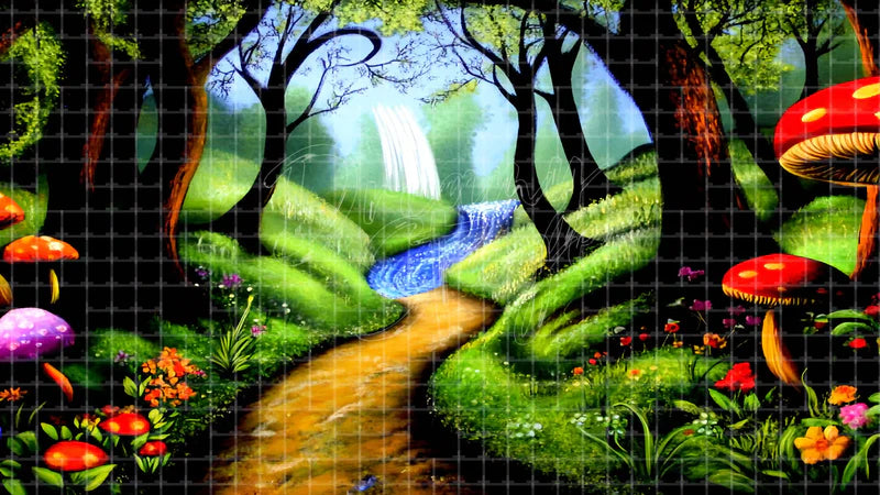 Fantasy Forest Yellow Brick Road digital stage backdrop for theatre projection, dance recital, school musical, community theatre, LED screen background, and printable stage scenery. Suitable for The Wizard of Oz, Wizard of Oz, Wicked inspired productions,