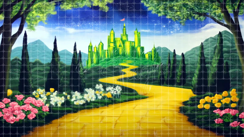 Emerald City Road digital stage backdrop for theatre projection, dance recital, school musical, community theatre, LED screen background, and printable stage scenery. Suitable for The Wizard of Oz, Wizard of Oz, Wicked inspired productions,