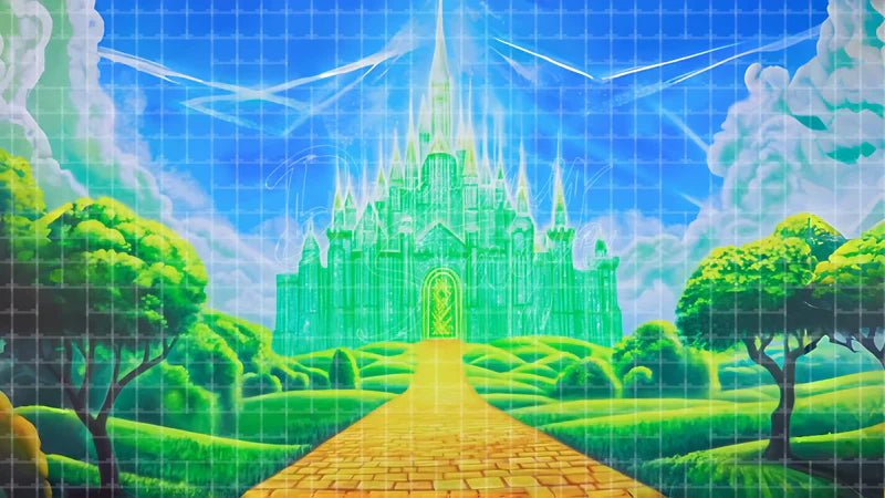 Green Castle Road digital stage backdrop for theatre projection, dance recital, school musical, community theatre, LED screen background, and printable stage scenery. Suitable for The Wizard of Oz, Wizard of Oz, Wicked inspired productions,