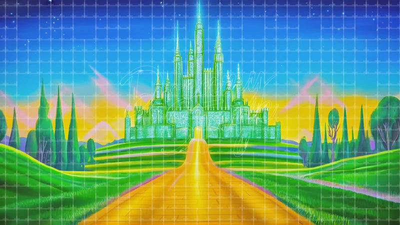 Emerald Palace Landscape digital stage backdrop for theatre projection, dance recital, school musical, community theatre, LED screen background, and printable stage scenery. Suitable for The Wizard of Oz, Wizard of Oz, Wicked inspired productions,