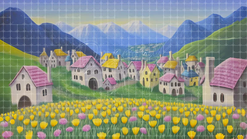 Pastel Village Hills digital stage backdrop for theatre projection, dance recital, school musical, community theatre, LED screen background, and printable stage scenery. Suitable for The Wizard of Oz, Wizard of Oz, Alice in Wonderland inspired productions,