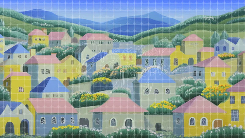 Storybook Village Houses digital stage backdrop for theatre projection, dance recital, school musical, community theatre, LED screen background, and printable stage scenery. Suitable for The Wizard of Oz, Wizard of Oz, Alice in Wonderland inspired productions,