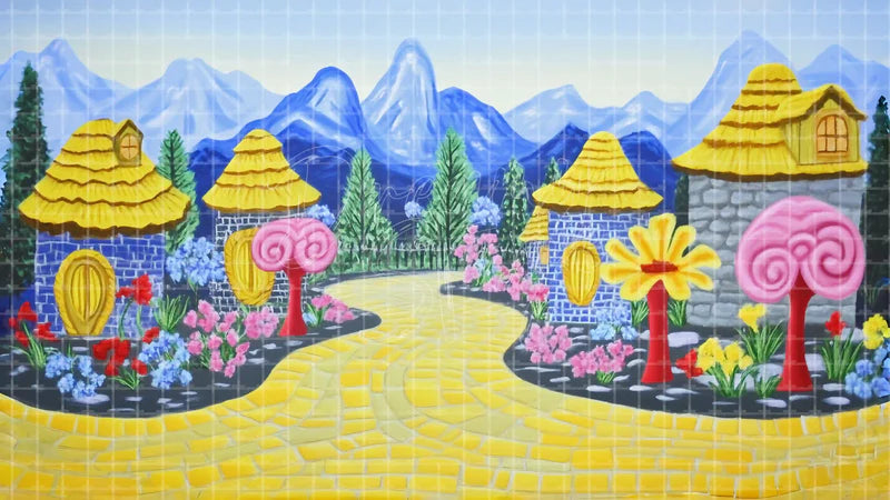 Candy Village Yellow Road digital stage backdrop for theatre projection, dance recital, school musical, community theatre, LED screen background, and printable stage scenery. Suitable for The Wizard of Oz, Wizard of Oz, Alice in Wonderland inspired productions,