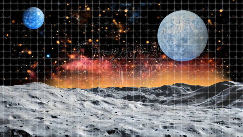 Alien Moon Surface With Planets digital stage backdrop for theatre projection, dance recital, school musical, community theatre, LED screen background, and printable stage scenery. Suitable for The Little Prince, Little Prince, Peter and the Starcatcher inspired productions,