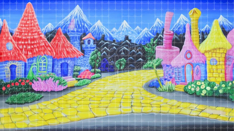 Colorful Fairy Tale Village digital stage backdrop for theatre projection, dance recital, school musical, community theatre, LED screen background, and printable stage scenery. Suitable for The Wizard of Oz, Wizard of Oz, Alice in Wonderland inspired productions,