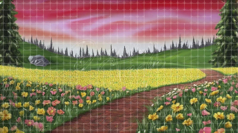 Flower Field Path digital stage backdrop for theatre projection, dance recital, school musical, community theatre, LED screen background, and printable stage scenery. Suitable for The Wizard of Oz, Wizard of Oz, Alice in Wonderland inspired productions,