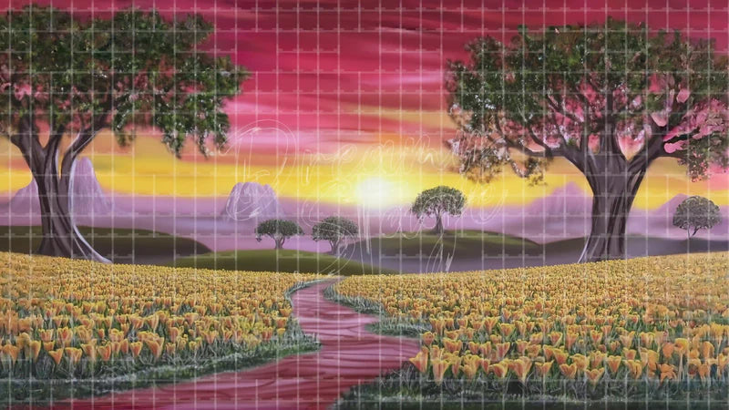 Sunset Meadow Path digital stage backdrop for theatre projection, dance recital, school musical, community theatre, LED screen background, and printable stage scenery. Suitable for The Wizard of Oz, Wizard of Oz, Alice in Wonderland inspired productions,