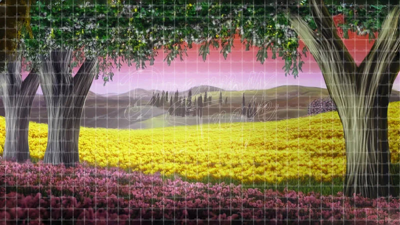 Flower Meadow Sunset digital stage backdrop for theatre projection, dance recital, school musical, community theatre, LED screen background, and printable stage scenery. Suitable for The Wizard of Oz, Wizard of Oz, Alice in Wonderland inspired productions,