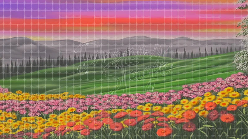 Rolling Flower Fields digital stage backdrop for theatre projection, dance recital, school musical, community theatre, LED screen background, and printable stage scenery. Suitable for The Wizard of Oz, Wizard of Oz, Alice in Wonderland inspired productions,