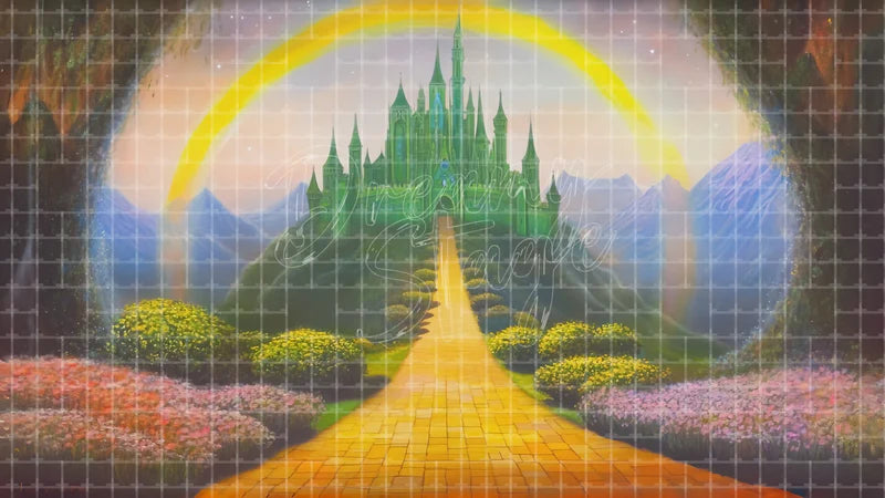 Rainbow Emerald Road digital stage backdrop for theatre projection, dance recital, school musical, community theatre, LED screen background, and printable stage scenery. Suitable for The Wizard of Oz, Wizard of Oz, Wicked inspired productions,
