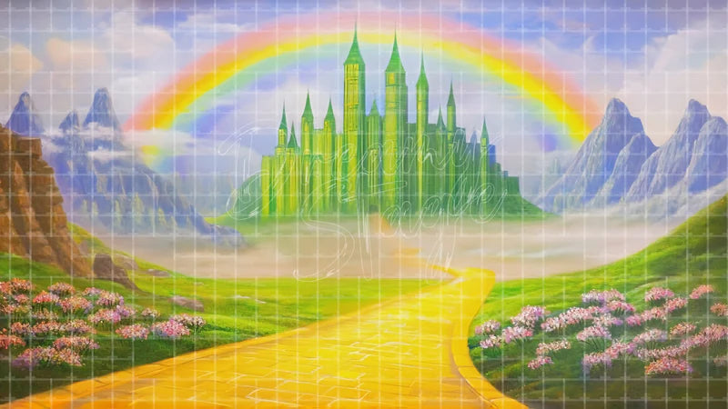 Rainbow Valley Yellow Road digital stage backdrop for theatre projection, dance recital, school musical, community theatre, LED screen background, and printable stage scenery. Suitable for The Wizard of Oz, Wizard of Oz, Wicked inspired productions,