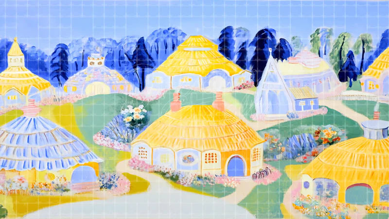 Whimsical Village Rainbow digital stage backdrop for theatre projection, dance recital, school musical, community theatre, LED screen background, and printable stage scenery. Suitable for The Wizard of Oz, Wizard of Oz, Wicked inspired productions,