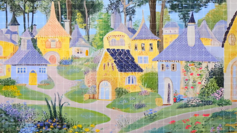 Pastel Storybook Town digital stage backdrop for theatre projection, dance recital, school musical, community theatre, LED screen background, and printable stage scenery. Suitable for The Wizard of Oz, Wizard of Oz, Wicked inspired productions,