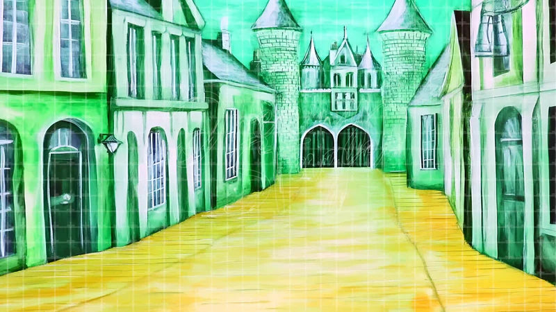 Green Palace Hallway digital stage backdrop for theatre projection, dance recital, school musical, community theatre, LED screen background, and printable stage scenery. Suitable for The Wizard of Oz, Wizard of Oz, Wicked inspired productions,