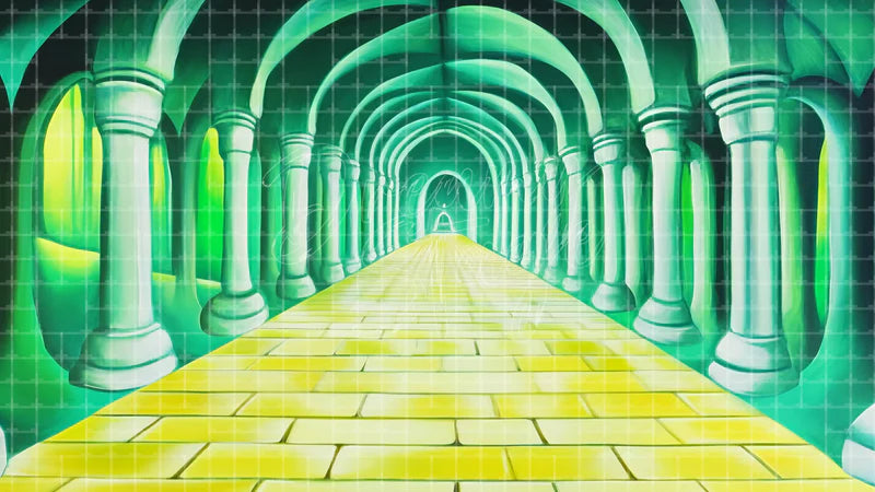 Emerald Corridor digital stage backdrop for theatre projection, dance recital, school musical, community theatre, LED screen background, and printable stage scenery. Suitable for The Wizard of Oz, Wizard of Oz, Wicked inspired productions,