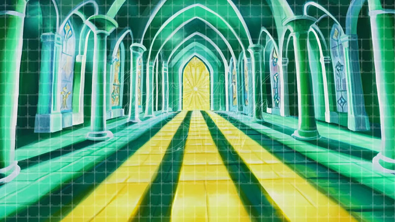 Green Castle Interior Path digital stage backdrop for theatre projection, dance recital, school musical, community theatre, LED screen background, and printable stage scenery. Suitable for The Wizard of Oz, Wizard of Oz, Wicked inspired productions,