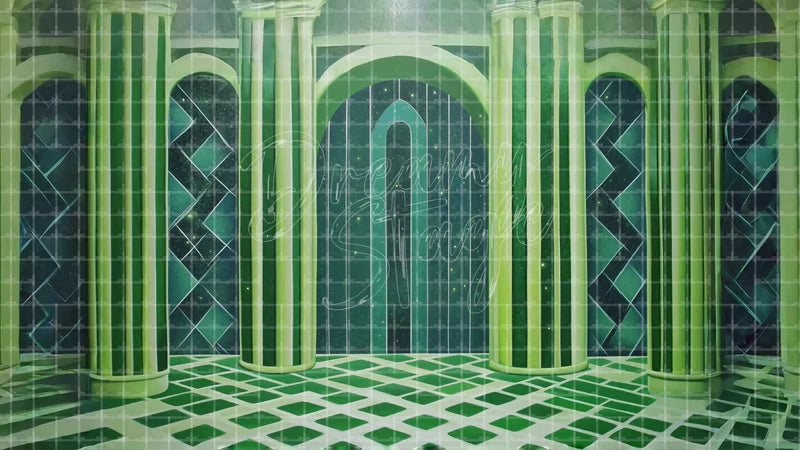 Dark Emerald Palace Doorway digital stage backdrop for theatre projection, dance recital, school musical, community theatre, LED screen background, and printable stage scenery. Suitable for The Wizard of Oz, Wizard of Oz, Wicked inspired productions,