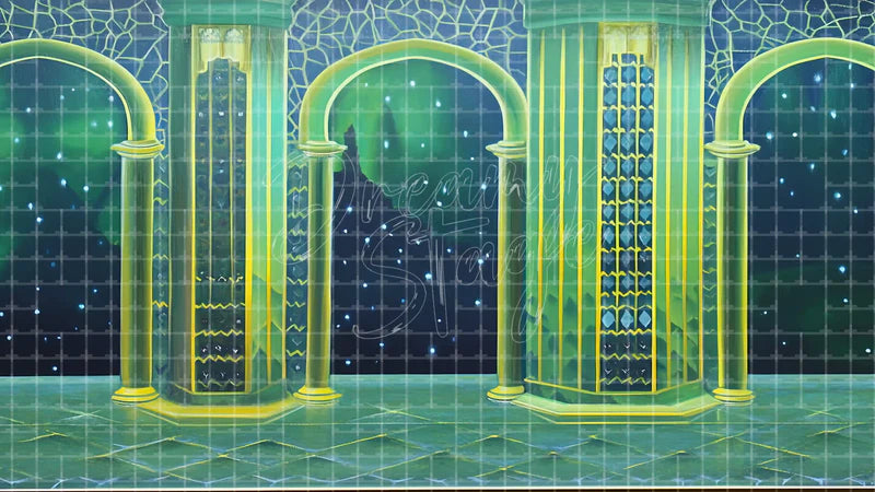 Green Columns Night digital stage backdrop for theatre projection, dance recital, school musical, community theatre, LED screen background, and printable stage scenery. Suitable for The Wizard of Oz, Wizard of Oz, Wicked inspired productions,