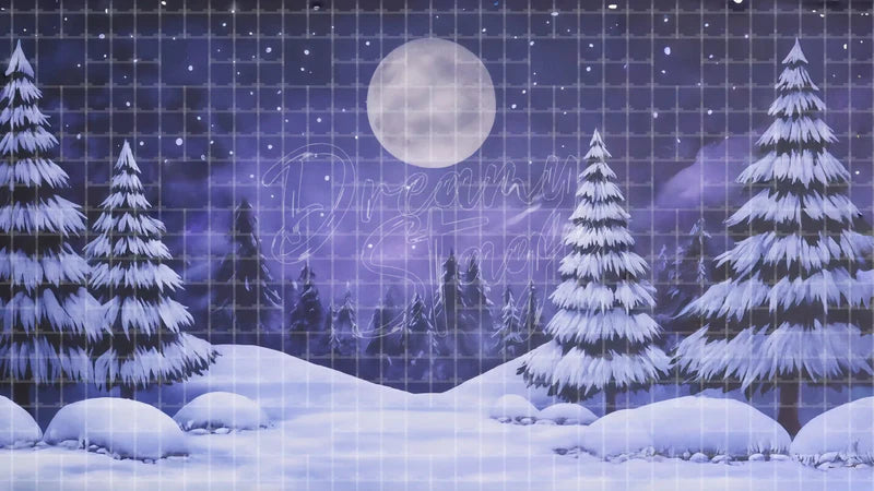 Winter Pine Mountain Moon digital stage backdrop for theatre projection, dance recital, school musical, community theatre, LED screen background, and printable stage scenery. Suitable for Frozen, The Snow Queen, Snow Queen inspired productions,