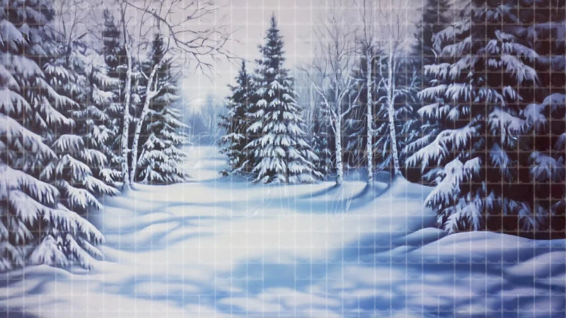 Snowy Pine Trail digital stage backdrop for theatre projection, dance recital, school musical, community theatre, LED screen background, and printable stage scenery. Suitable for Frozen, The Snow Queen, Snow Queen inspired productions,