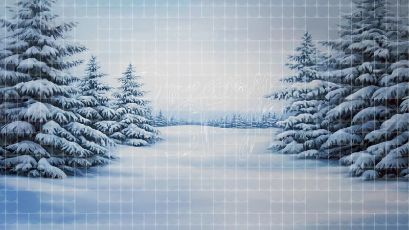 Soft Snow Forest Path digital stage backdrop for theatre projection, dance recital, school musical, community theatre, LED screen background, and printable stage scenery. Suitable for Frozen, The Snow Queen, Snow Queen inspired productions,