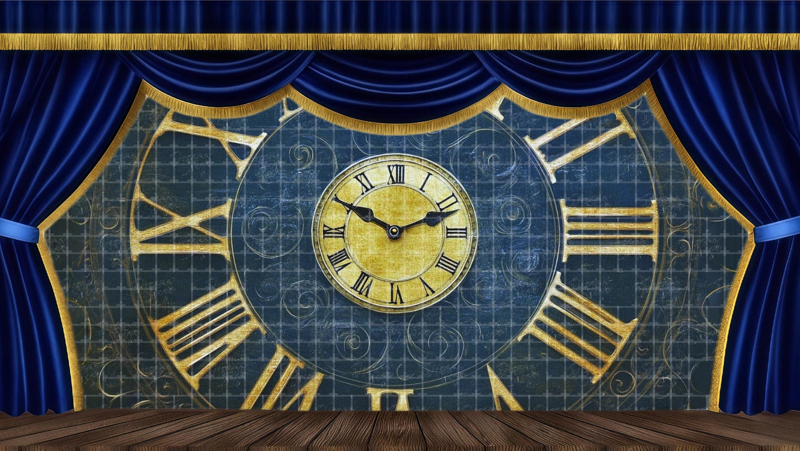 Abstract Victorian-style giant clock backdrop with gold Roman numerals and dark blue background for A Christmas Carol Ghost of Christmas Past/Future scenes.