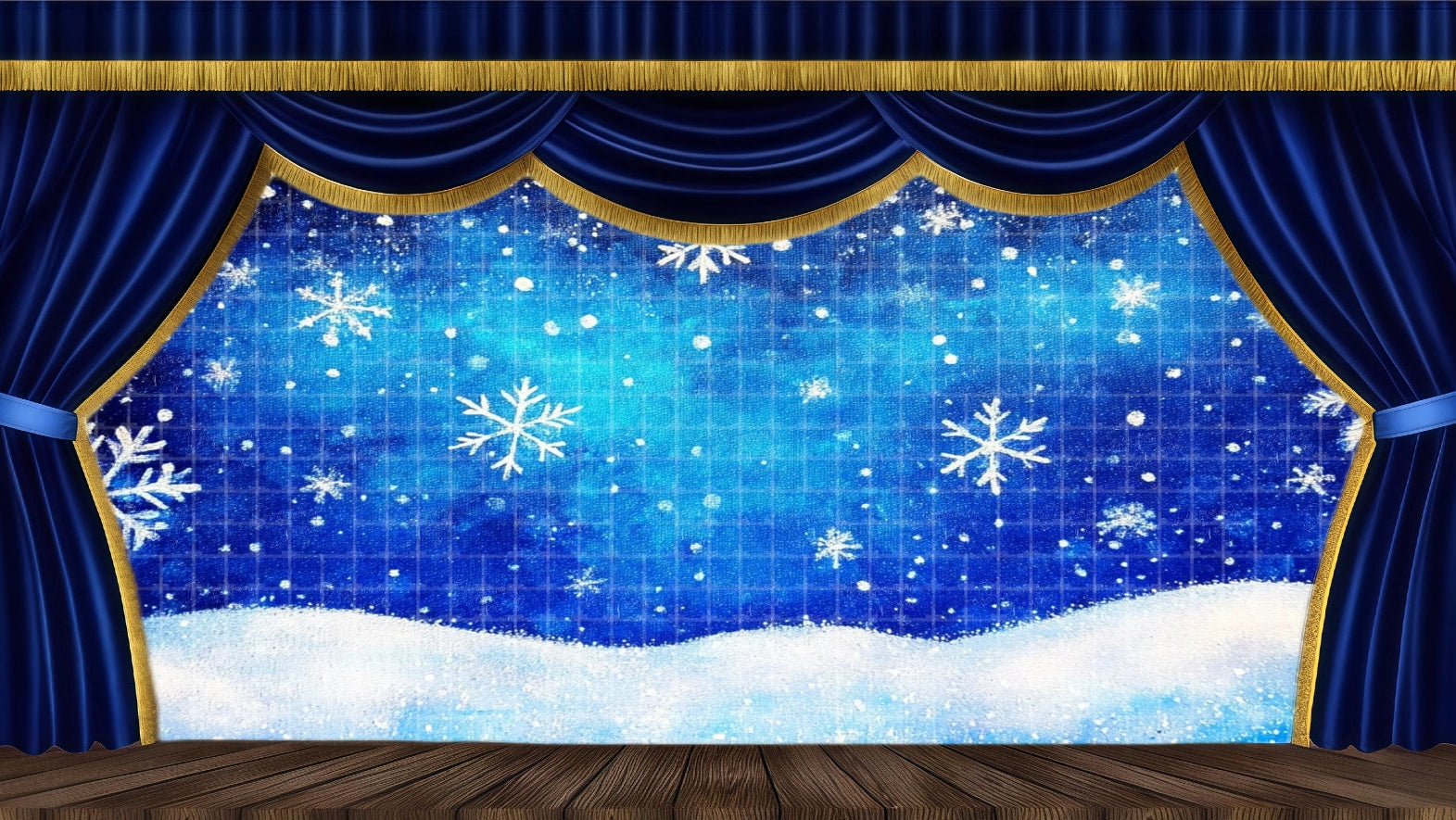 Abstract snowy night sky backdrop with large white snowflakes and blue winter ground for A Christmas Carol or Nutcracker Act II Snow Scene transition.