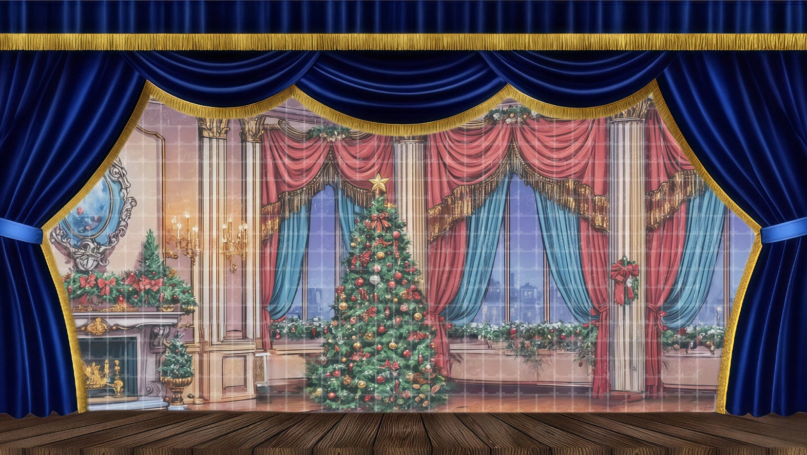 Elegant Victorian salon backdrop with large Christmas tree, fireplace, ornate mirror, and red/blue drapery for A Christmas Carol Fred's Party or Nutcracker Act I opening scene.