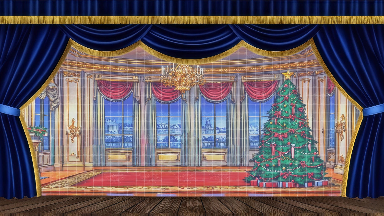 Elegant Christmas parlor backdrop in gold and red with chandelier, ornate fireplace, and large decorated Christmas tree with gifts for A Christmas Carol or Nutcracker Act I.