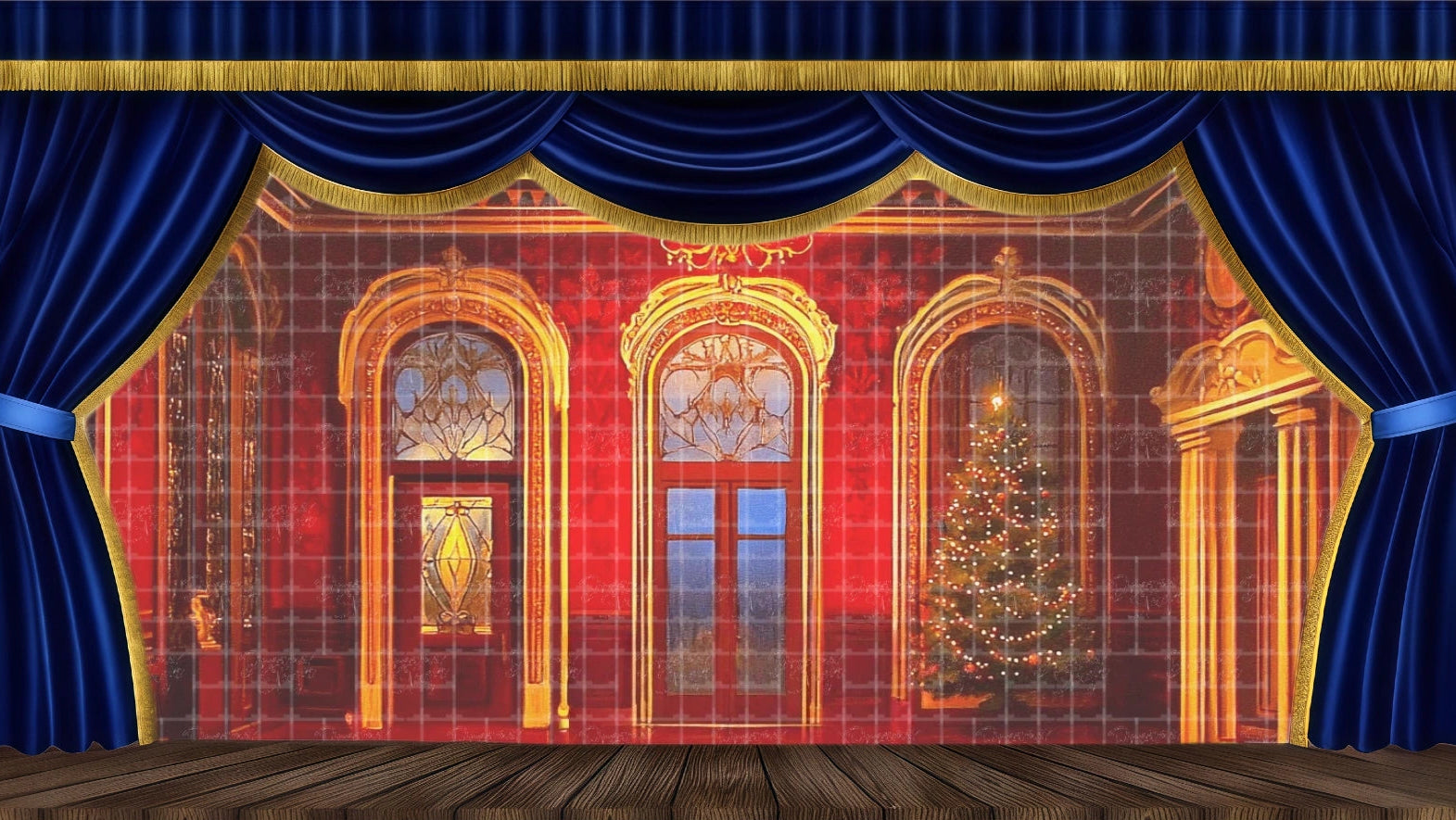 Grand Victorian dining room or ballroom backdrop in deep red and gold featuring arched windows, a chandelier, and a decorated Christmas tree for A Christmas Carol Fezziwig Party.